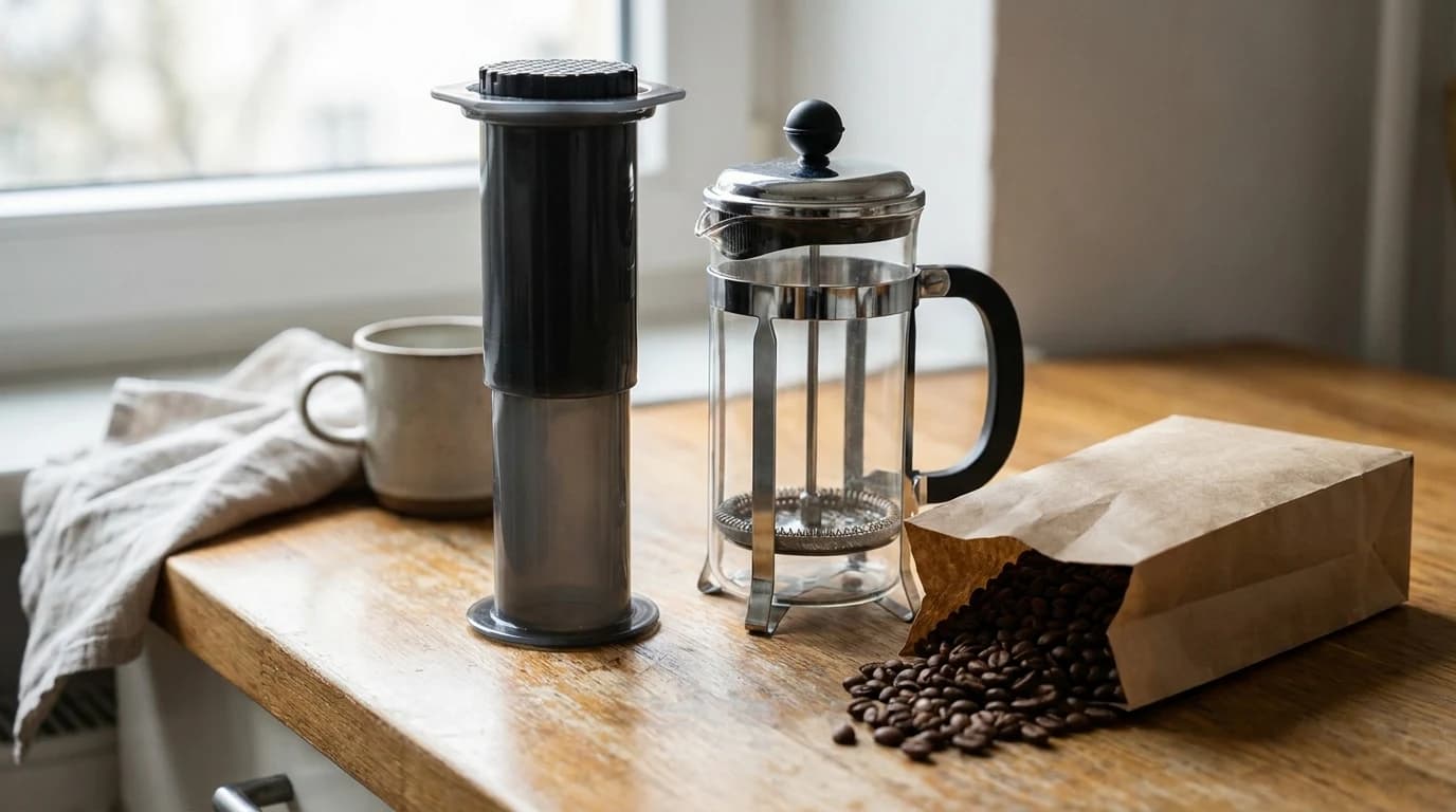 An AeroPress and a glass French press side by side on a kitchen counter with a bag of beans.