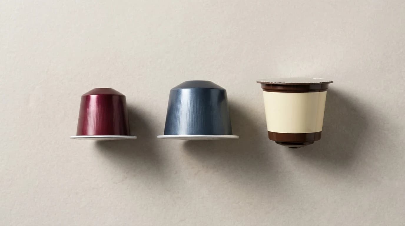 Three coffee capsules photographed side by side on a pale stone surface, showing three clearly different sizes and shapes.