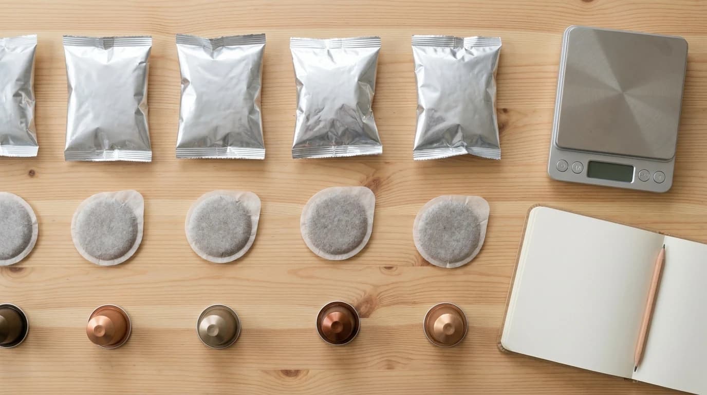 A row of foil ground-coffee packets, a row of single-serve pods and a row of aluminum capsules on a wooden table beside a small scale.