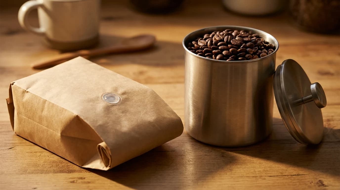 A kraft coffee bag with a one-way degassing valve beside an open stainless canister of whole beans