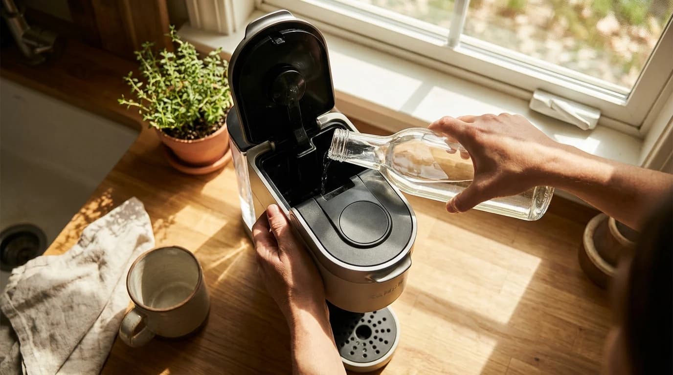 A Keurig brewer with its water reservoir removed and a bottle of descaling solution beside it on the counter.