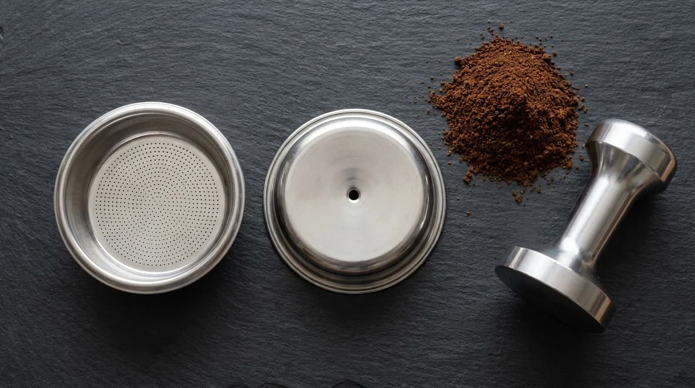 Two stainless espresso filter baskets on dark slate, one with a perforated floor and one with a single small exit hole, beside ground coffee and a tamper.