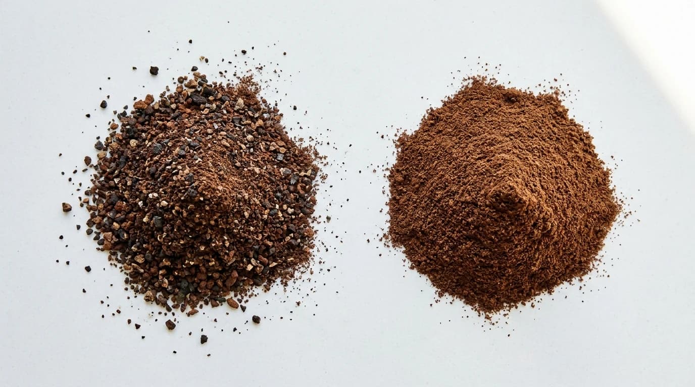 A side-by-side comparison of coarse uneven blade-ground coffee next to uniform burr-ground coffee on a white surface.