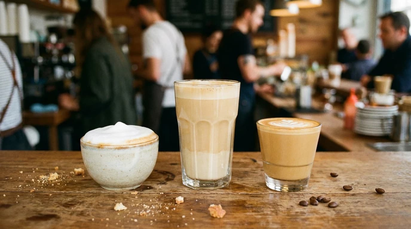 Three cups side by side showing a foam-capped cappuccino, a large creamy latte and a small glossy flat white.