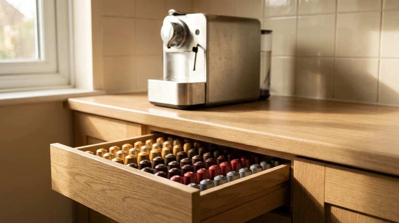 A single-serve coffee machine on a kitchen counter beside an open drawer of coffee capsules.