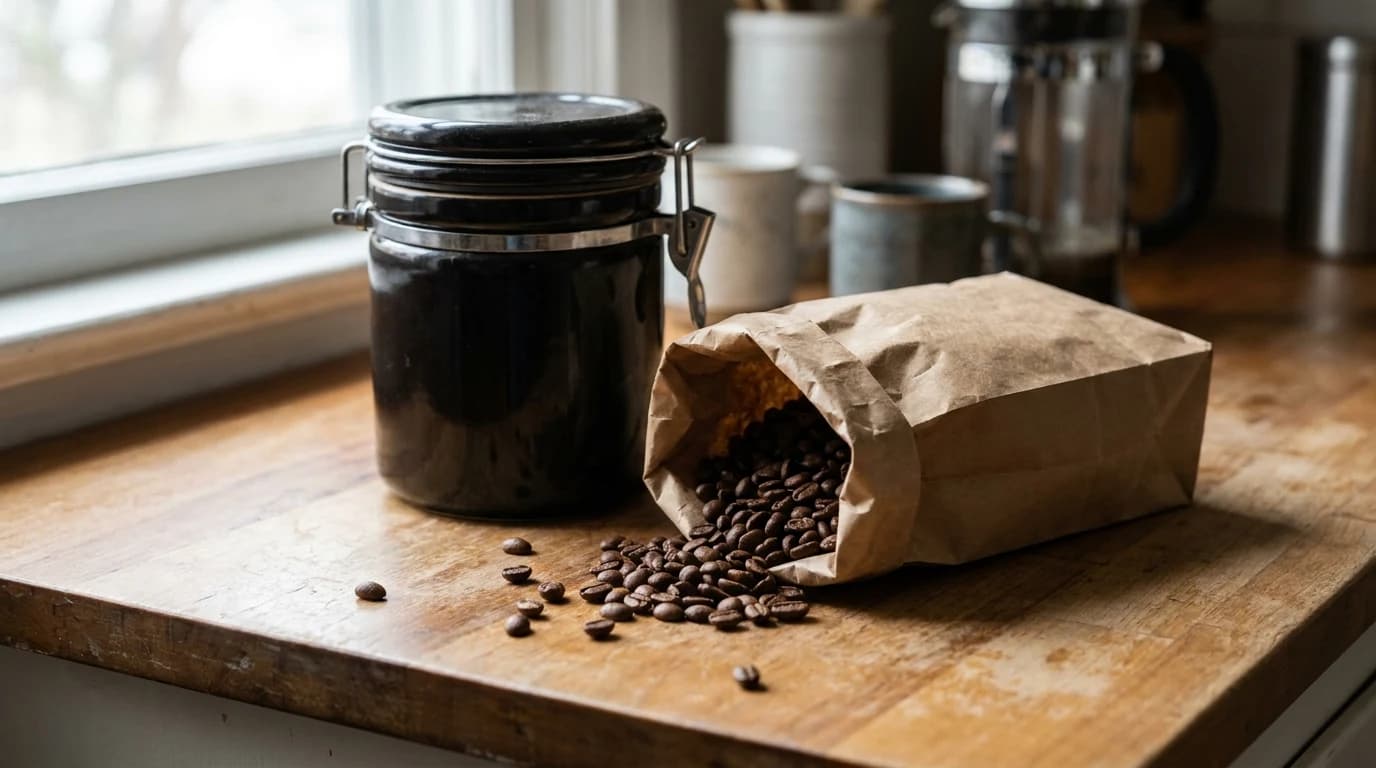 An opaque airtight coffee canister beside a bag of whole beans showing a printed roast date.