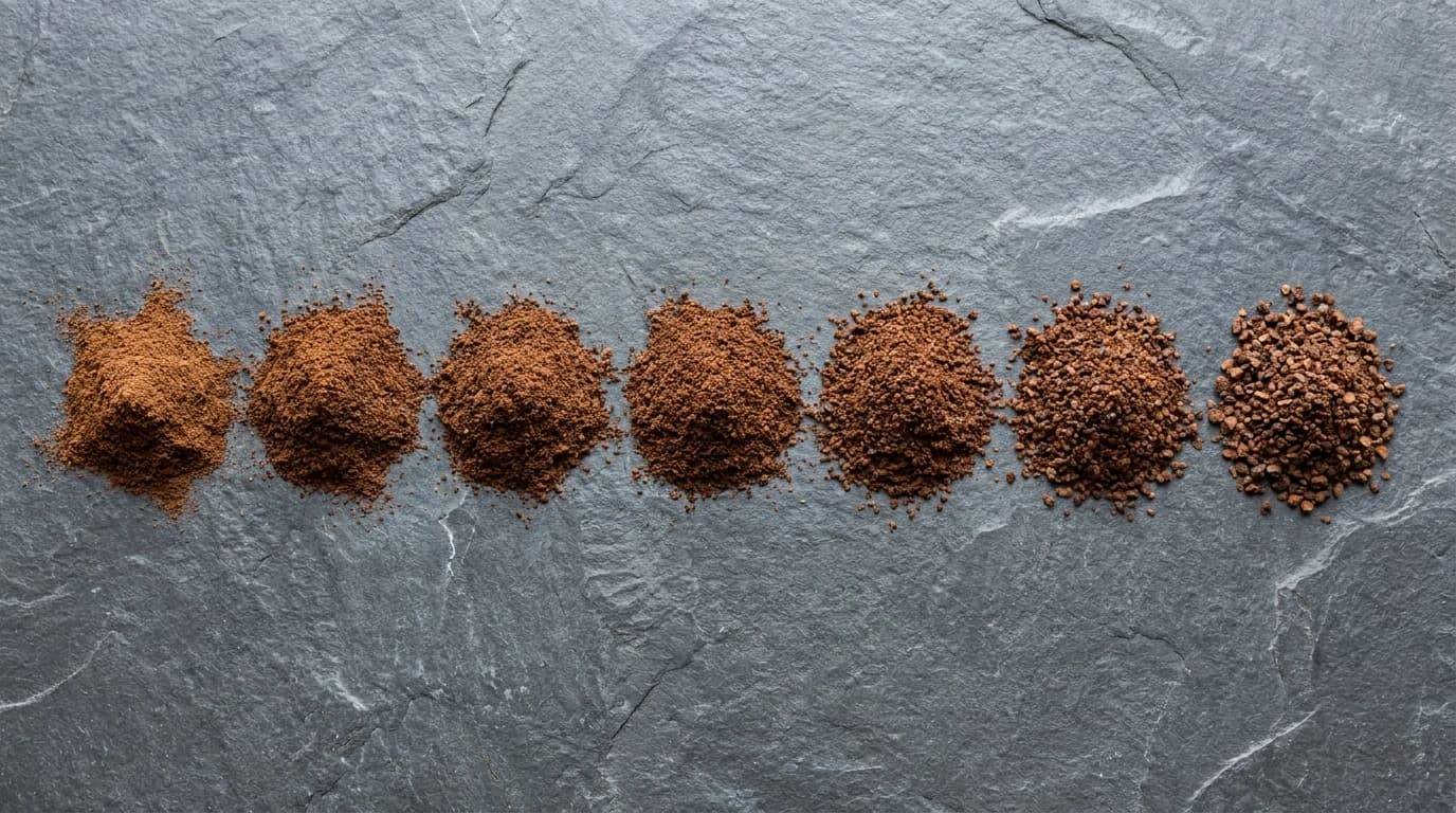 Seven small piles of ground coffee arranged from very fine to very coarse on a dark surface.