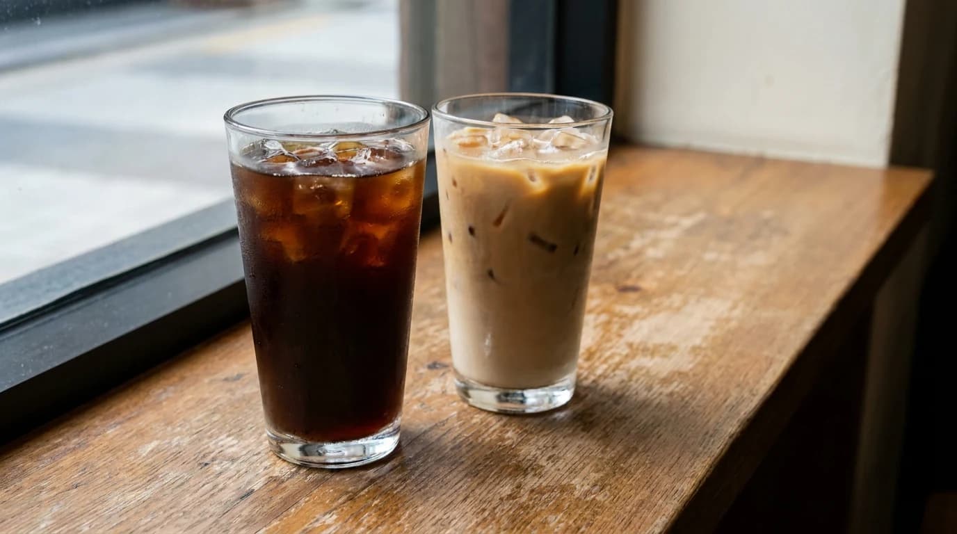 Two tall glasses of iced coffee side by side on a counter, one darker and one lighter, both over ice.