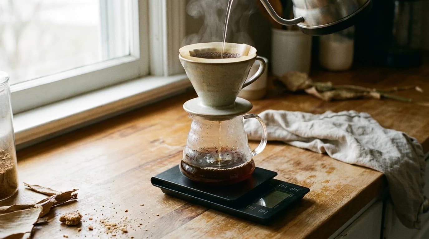 A digital coffee scale on a counter with a pour-over dripper and carafe on top of it mid-brew.