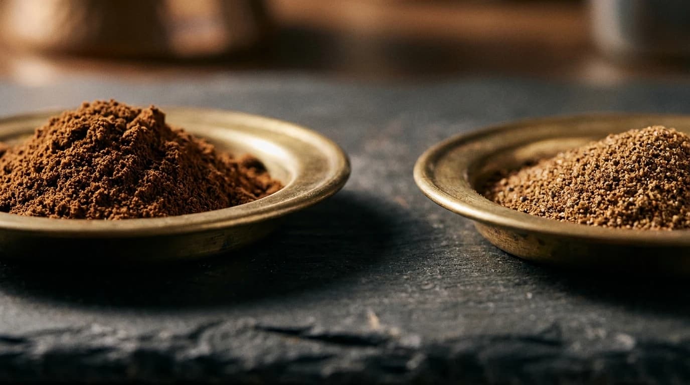 Flour-fine Turkish grounds beside coarser espresso grounds in two brass dishes