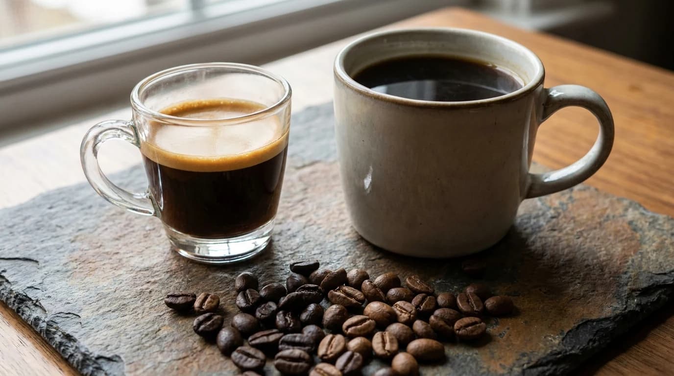 A shot of espresso in a glass cup beside a cup of black filter coffee, with medium and dark roast beans scattered in front.