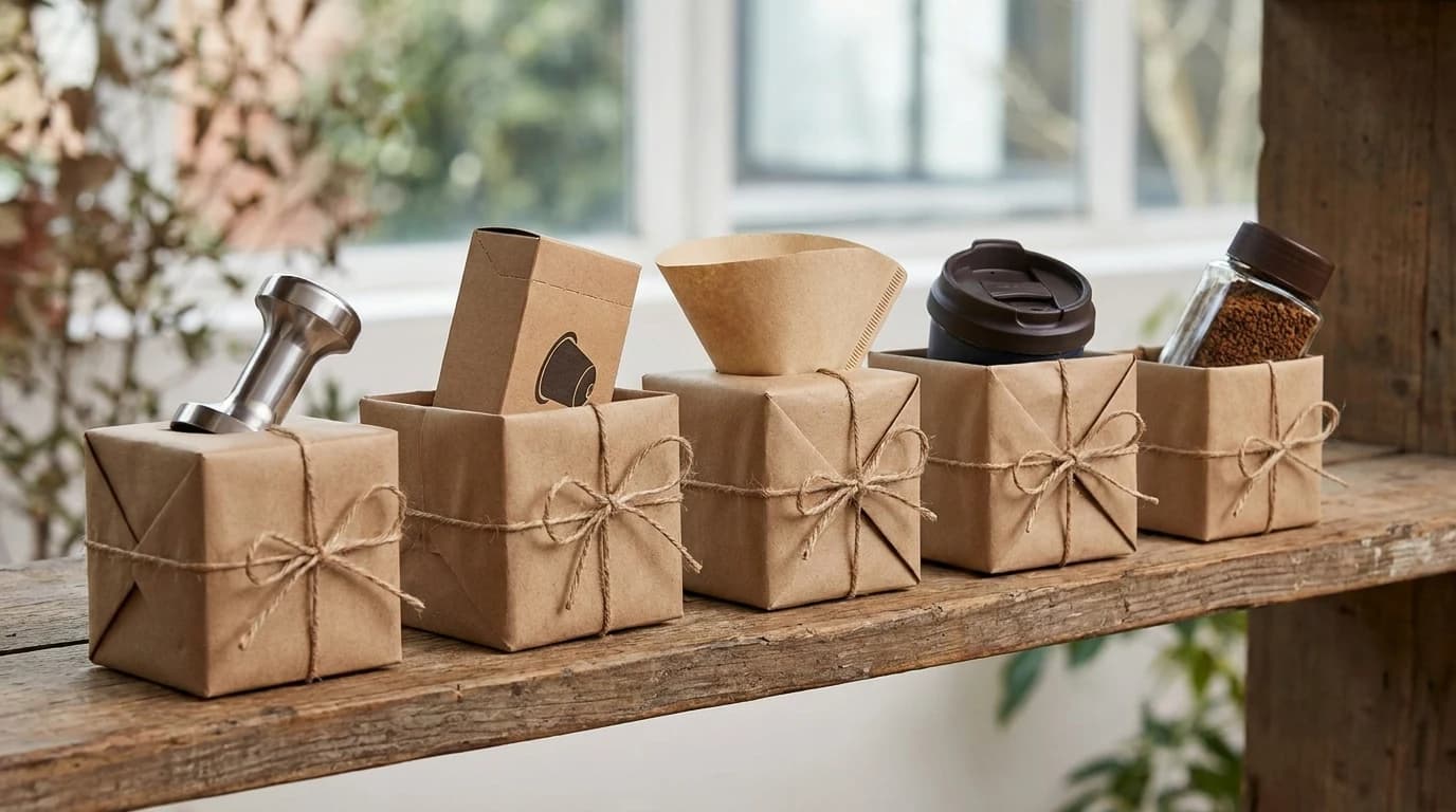 Five small kraft-paper gift boxes on a wooden shelf, each with a different coffee object peeking out.