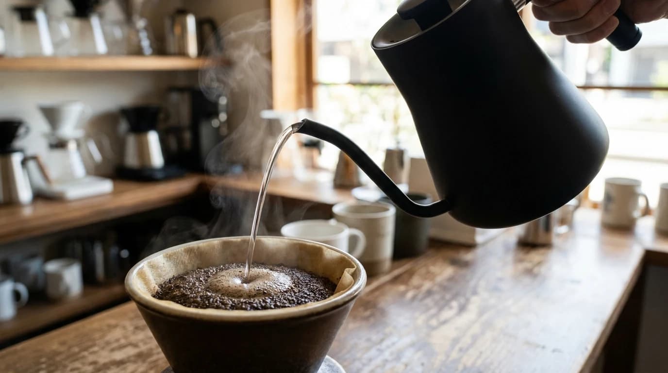 A gooseneck kettle pouring a thin controlled stream of water in a spiral over a pour-over cone.