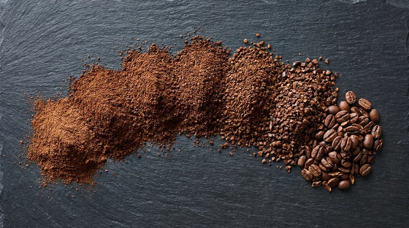 Coffee ground to several different textures shown in small piles from powder-fine to very coarse.