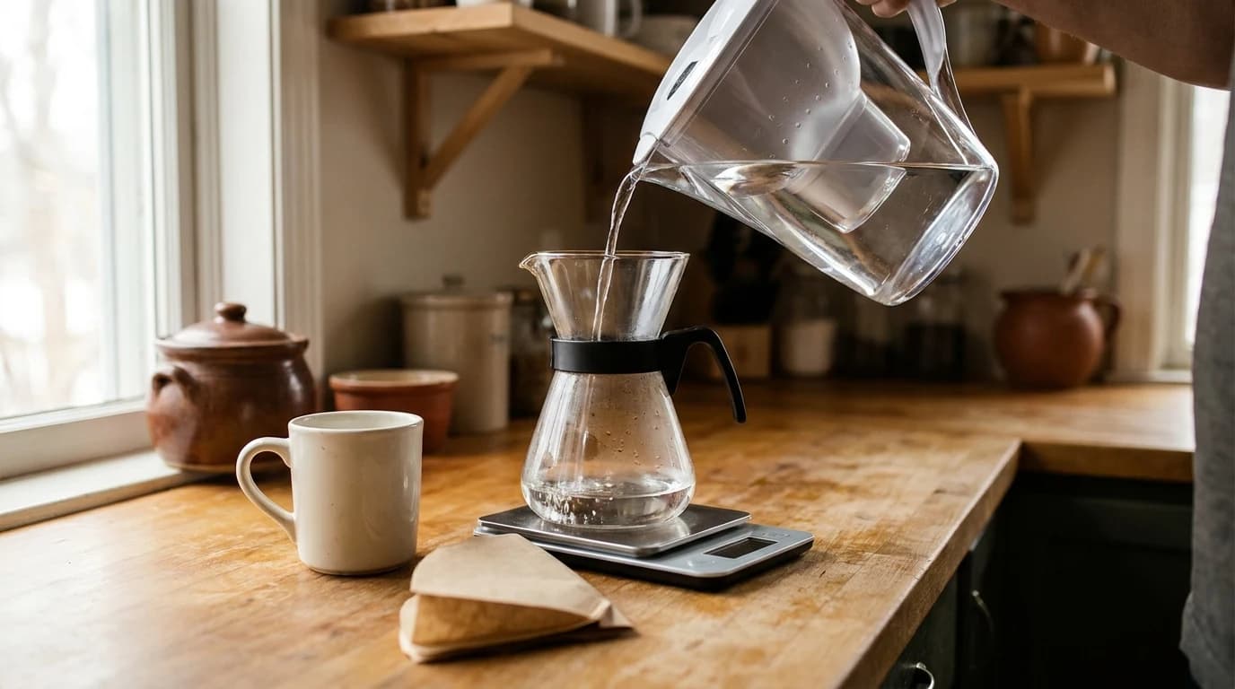 Filtered water being poured from a glass pitcher into a scale-mounted brewing vessel on a kitchen counter