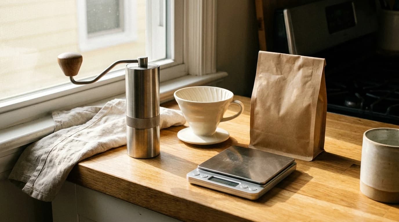 A compact home coffee setup on a kitchen counter: hand grinder, pour-over cone, scale and a bag of beans.