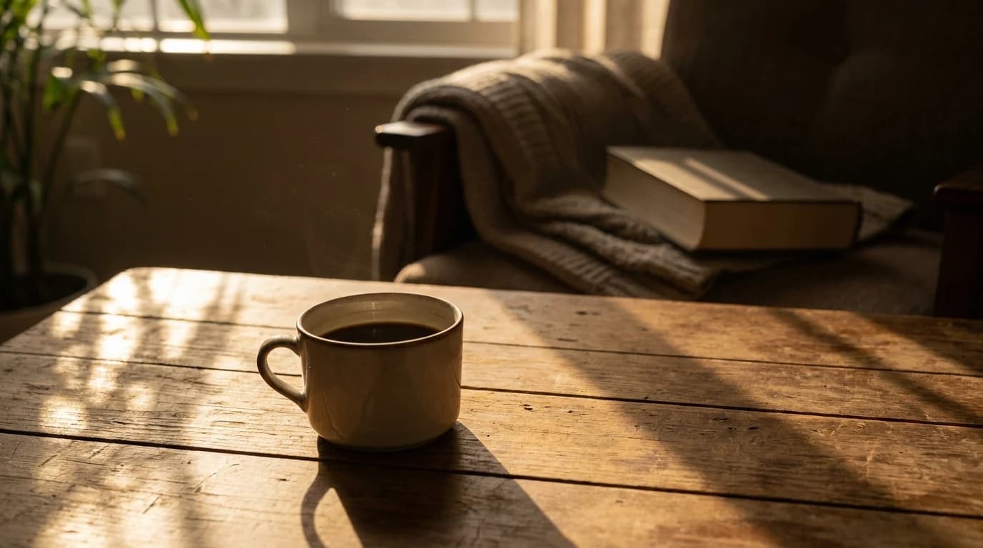 A half-finished mug of black coffee on a wooden table in low late-afternoon sunlight, with long shadows across the table.