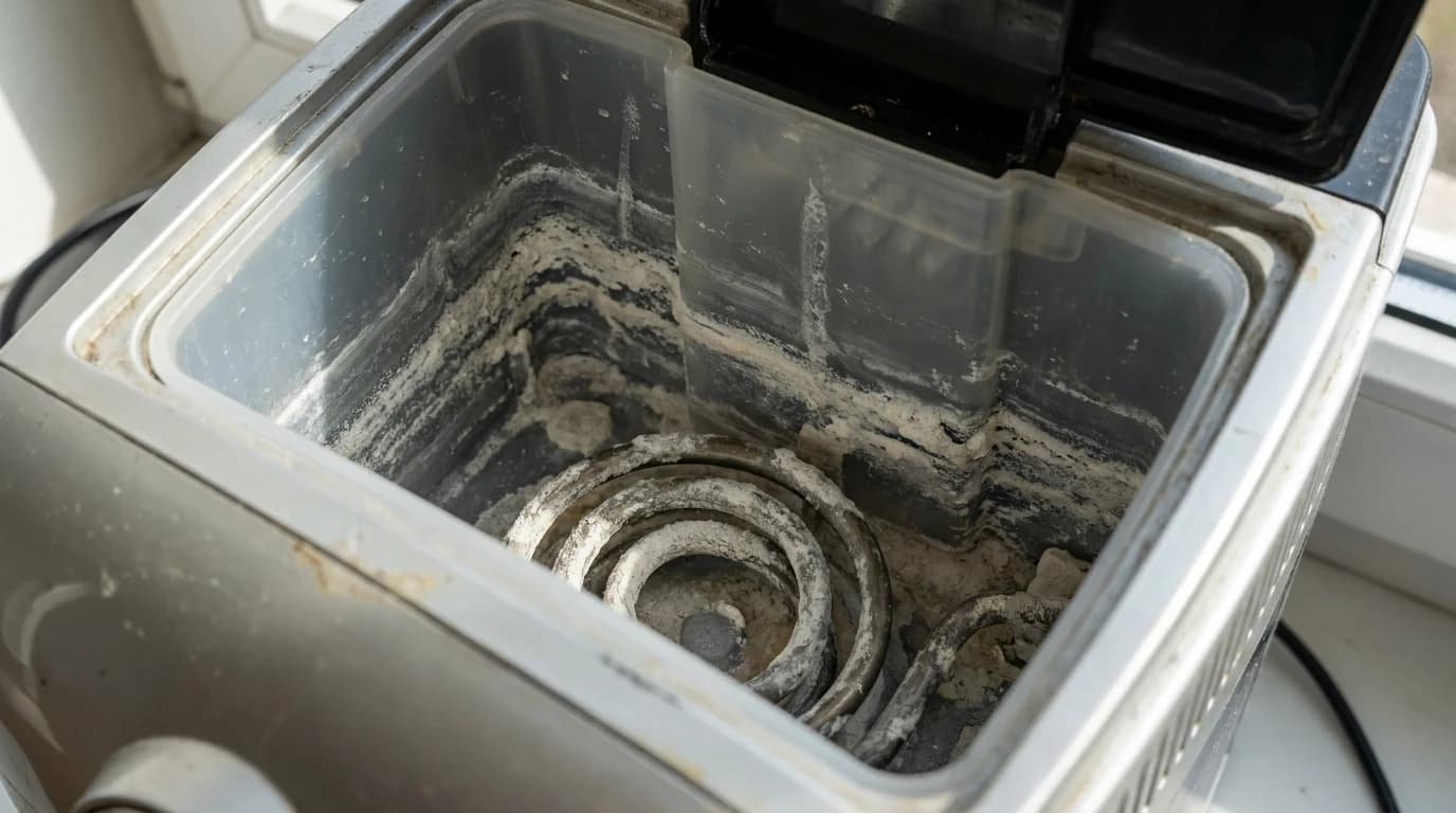 White limescale crust visible around the heating element and water reservoir of a coffee machine.