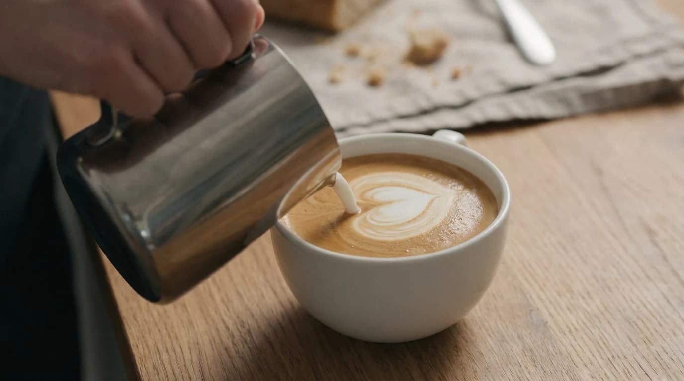 Steamed milk poured from a stainless steel pitcher into a wide white cup of espresso, glossy foam forming a heart.