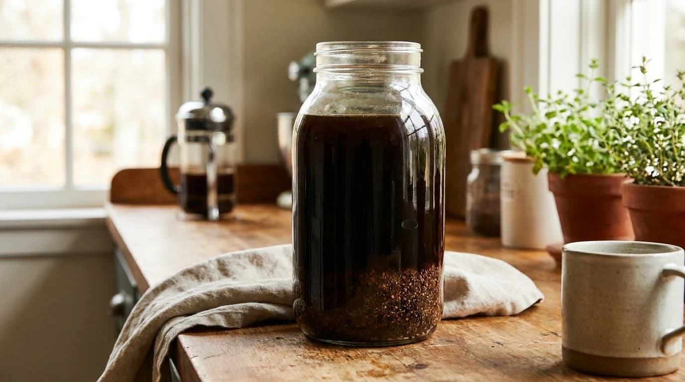 A large glass jar of dark cold brew concentrate steeping with coarse coffee grounds settled at the bottom.