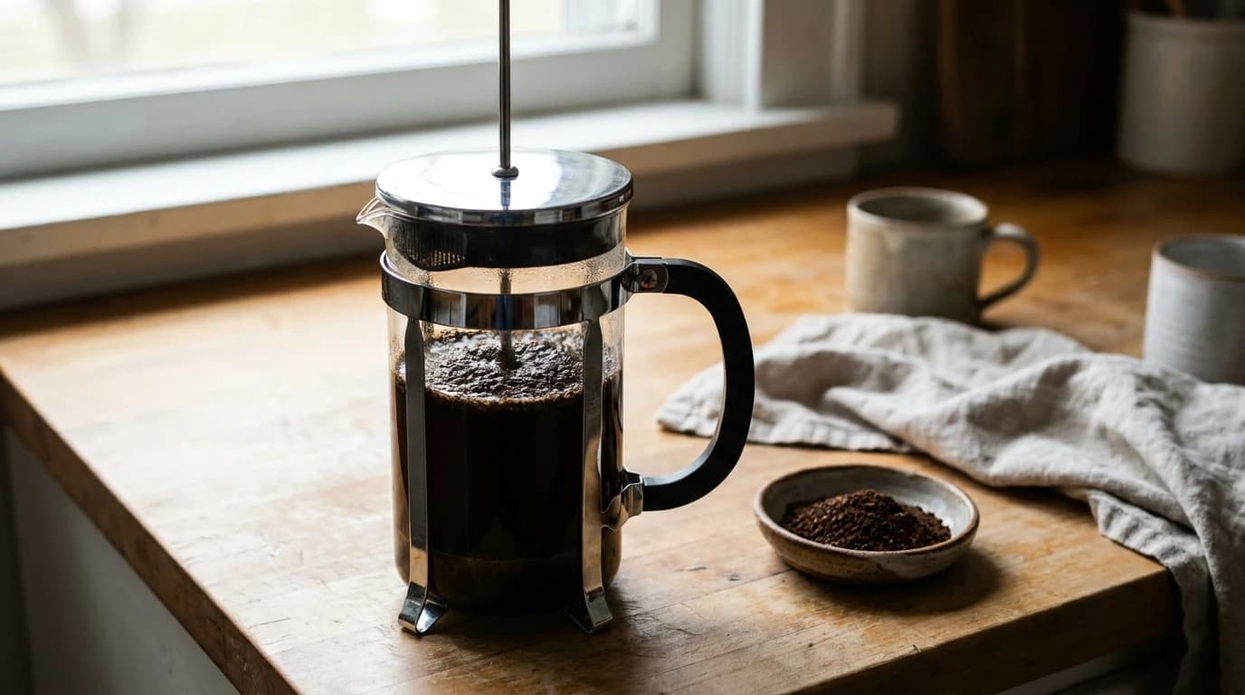 A glass French press on a wooden counter with coffee steeping under a crust of coarse grounds, the plunger pulled up and not yet pressed.