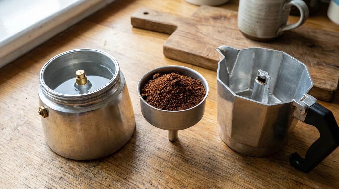 A disassembled aluminium moka pot on a wooden counter: the water-filled base, the funnel heaped with ground coffee left loose, and the empty top chamber.