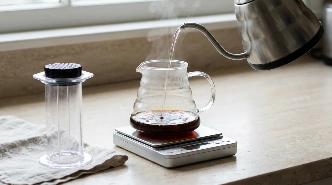 A small glass server on a scale holding a dark coffee concentrate while a gooseneck kettle pours hot water into it, a clear hand press resting beside.