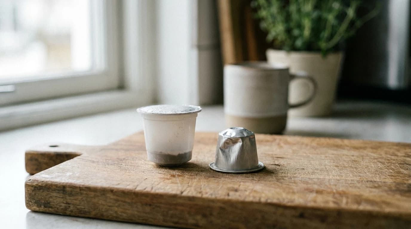 A Keurig-style single-serve brewer and a Nespresso capsule machine side by side on a kitchen counter, with a mug of black coffee beside a small espresso cup.