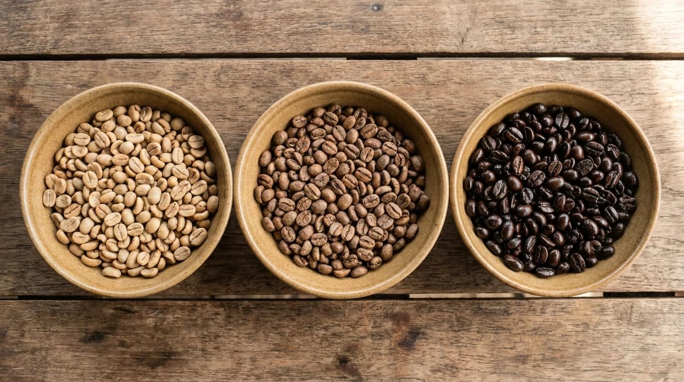 Three bowls of coffee beans showing light matte, medium, and dark glossy roasts side by side.