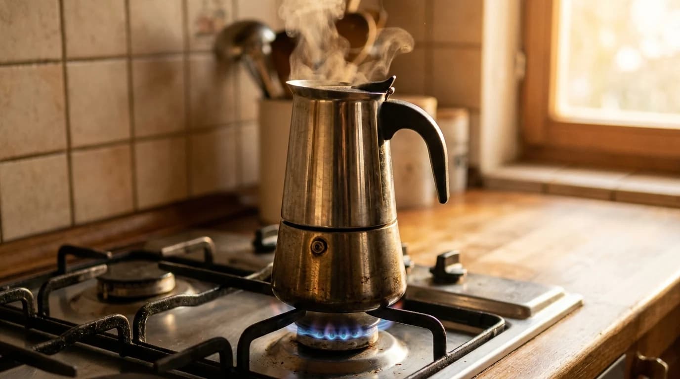 A stovetop moka pot brewing over a low blue gas flame sized to the base of the pot.