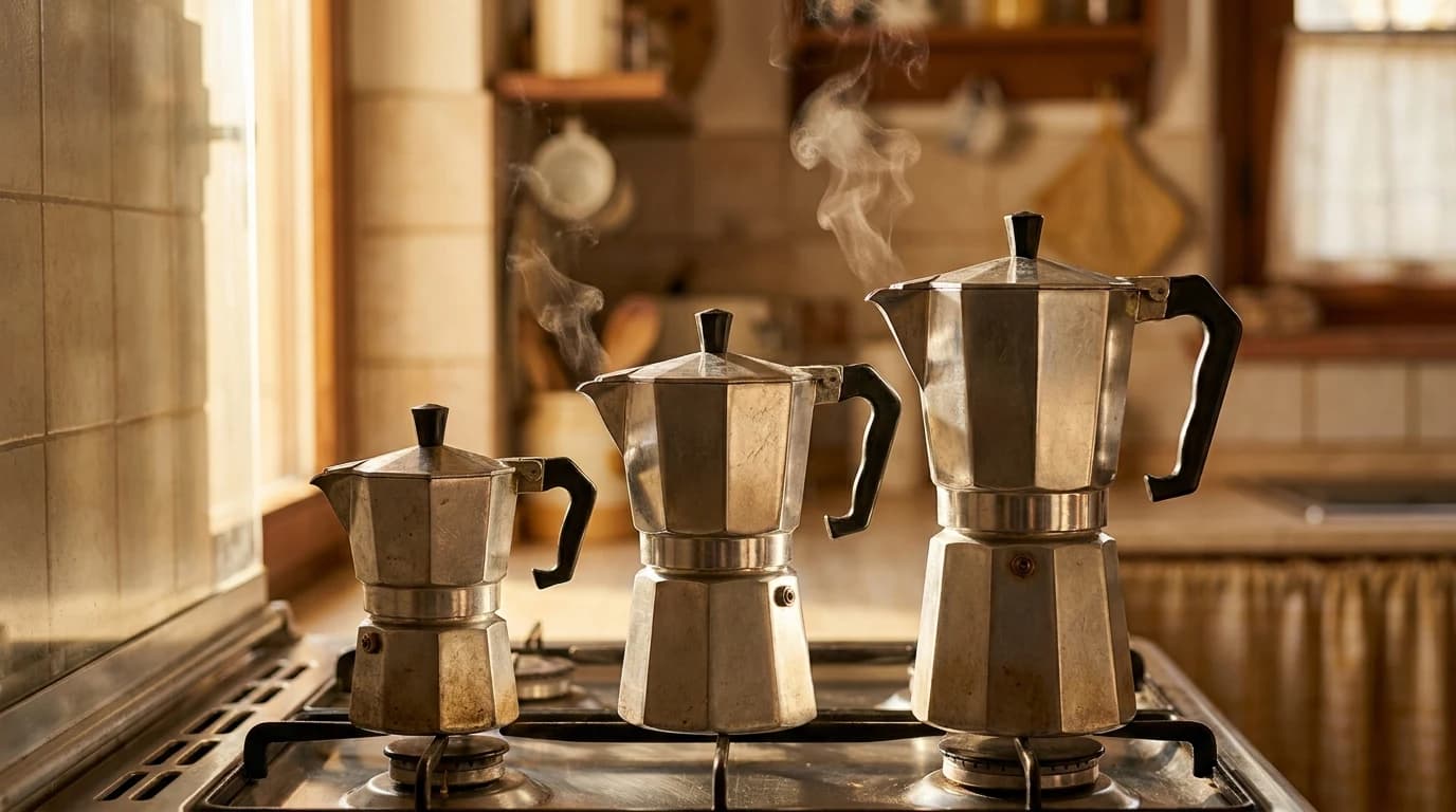 Moka pots in three ascending sizes stand together on a stovetop burner.