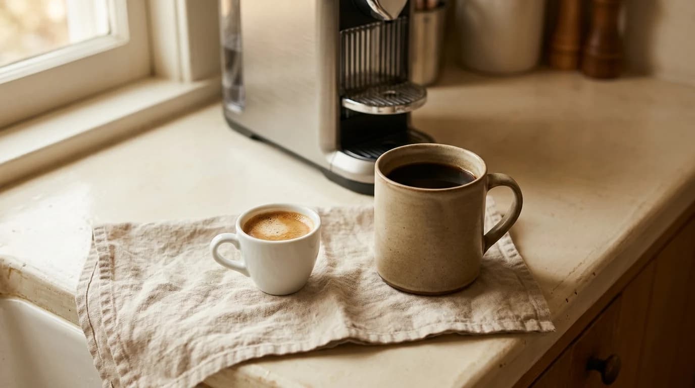 A capsule coffee machine on a kitchen counter with a small espresso cup beside a large mug in morning light.