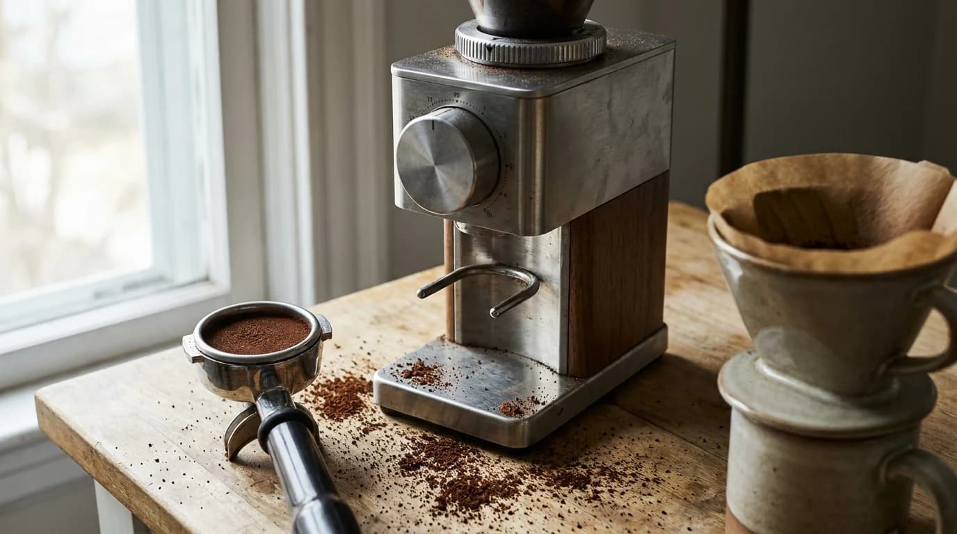 A burr grinder sits on a kitchen counter between a loaded portafilter and a pour-over dripper, with fresh grounds spilled beside them.