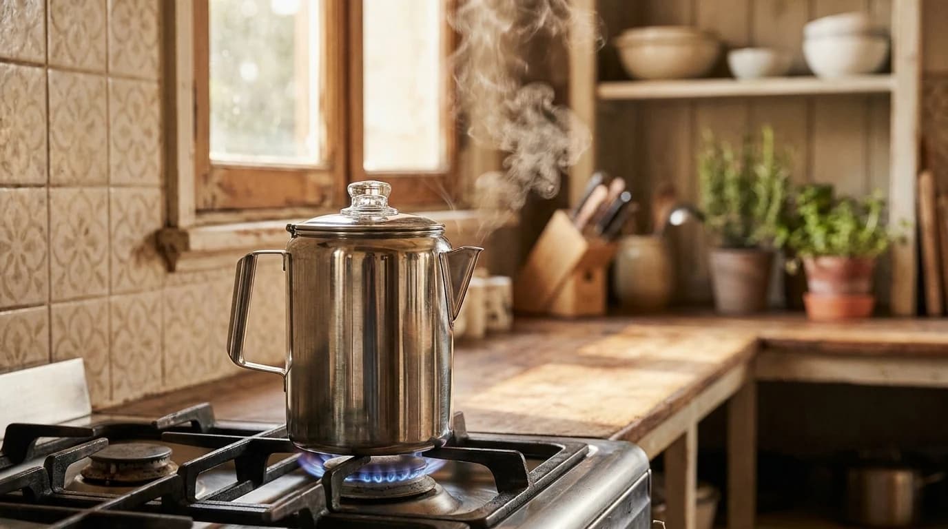 A stainless stovetop percolator sits on a lit burner with steam rising past its glass knob.