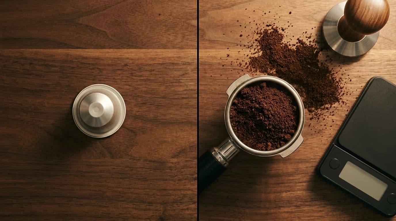 A sealed metal coffee capsule on one side of a counter and an open portafilter basket of loose ground coffee on the other.