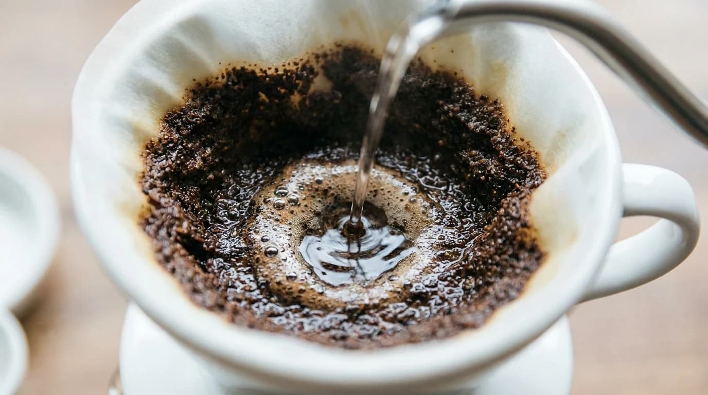 Overhead view of a water stream carving a crater into a wet coffee bed inside a white ceramic pour-over cone.