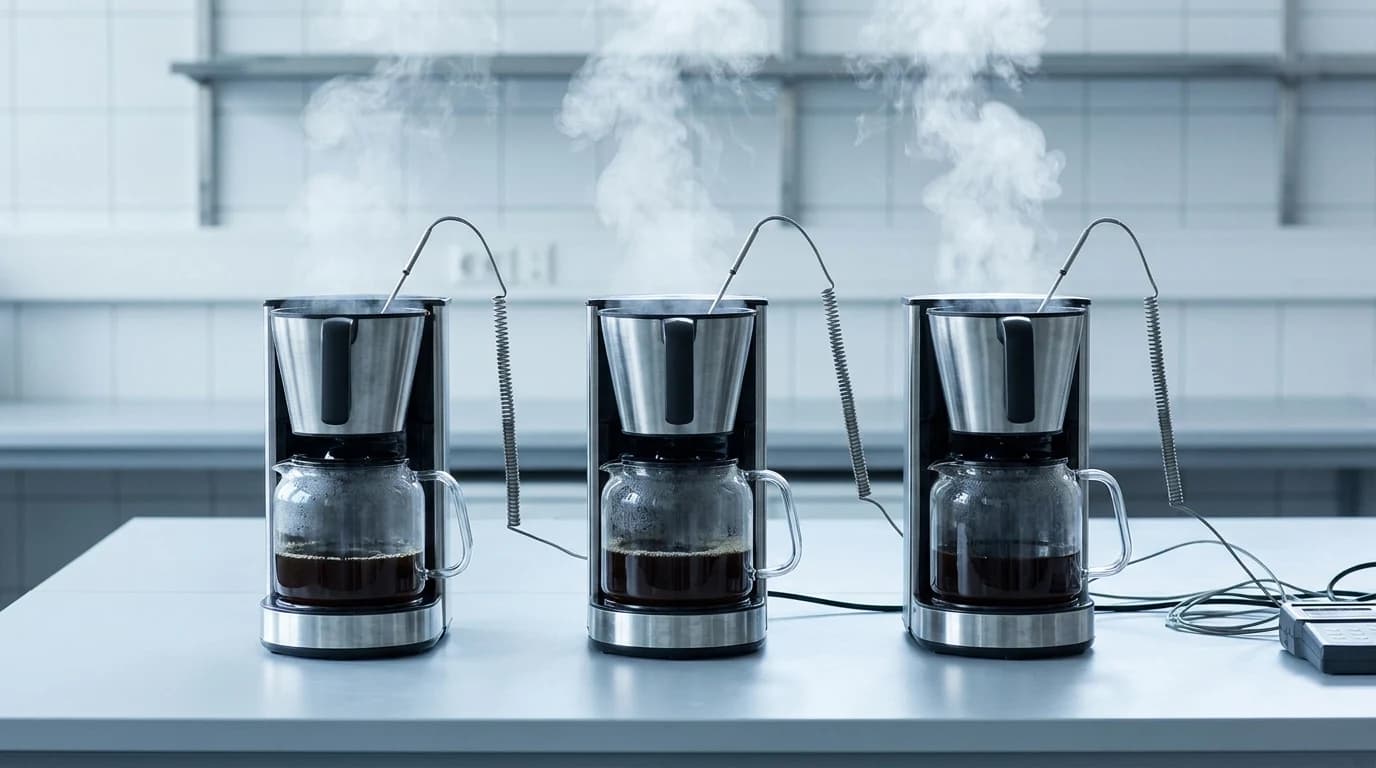 Three identical drip brewers running side by side with temperature probes in their brew baskets.