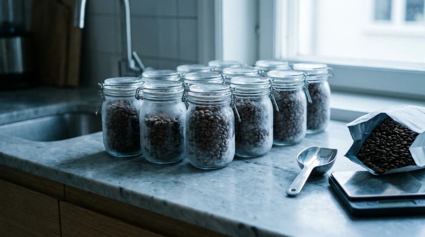 Small airtight jars of whole coffee beans portioned for the freezer, lined up on a counter.