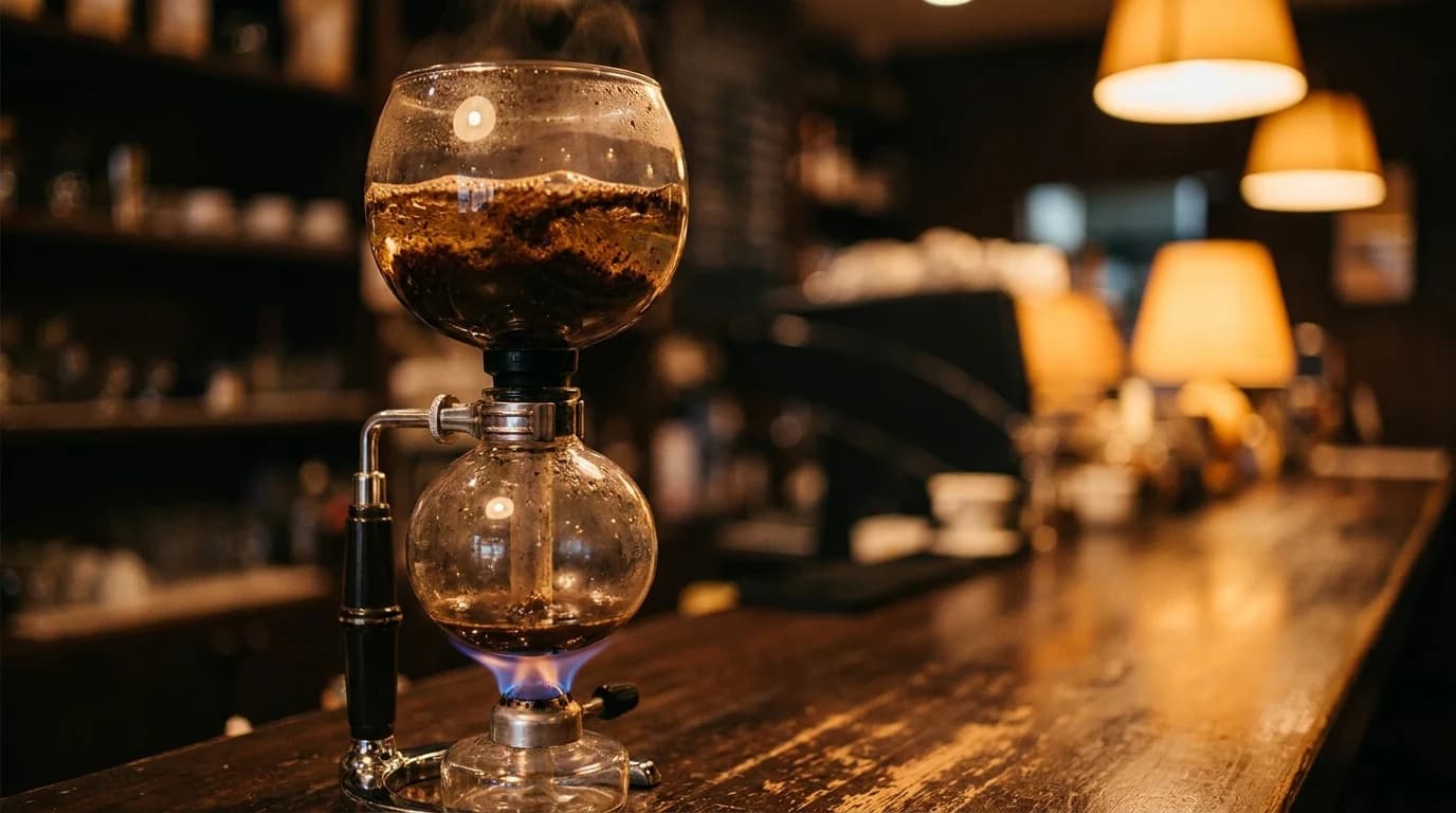 A glass vacuum siphon mid-brew, with the water risen into the upper bowl above the burner.