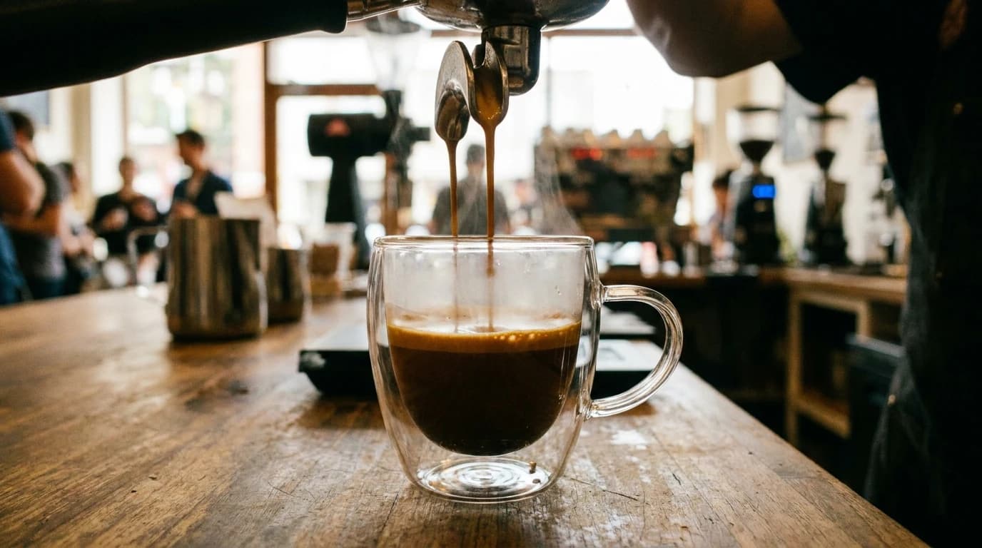 An espresso shot pulling into a clear glass, showing a steady dark stream and forming crema.