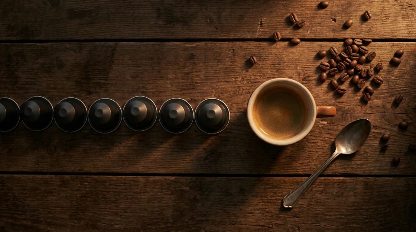 A single-serve brewer filling a small mug beside an open box of dark roast pods on a kitchen counter.