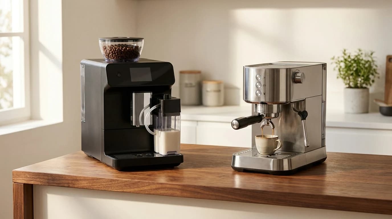 A bean-to-cup super-automatic and a portafilter semi-automatic machine side by side on a kitchen counter.
