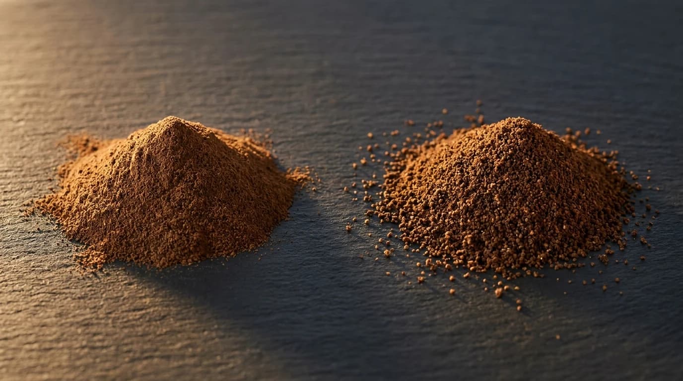 Two heaps of coffee on dark slate, one ground as fine as flour and one slightly coarser, lit from the side to show the difference in texture.