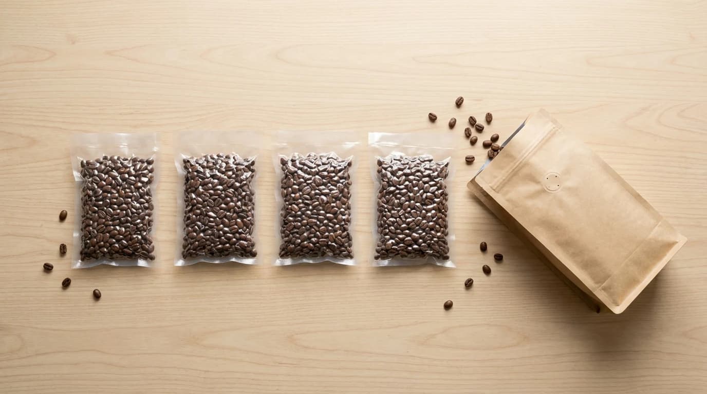 Small vacuum-sealed portions of whole coffee beans laid flat beside an open kraft bag with a one-way valve