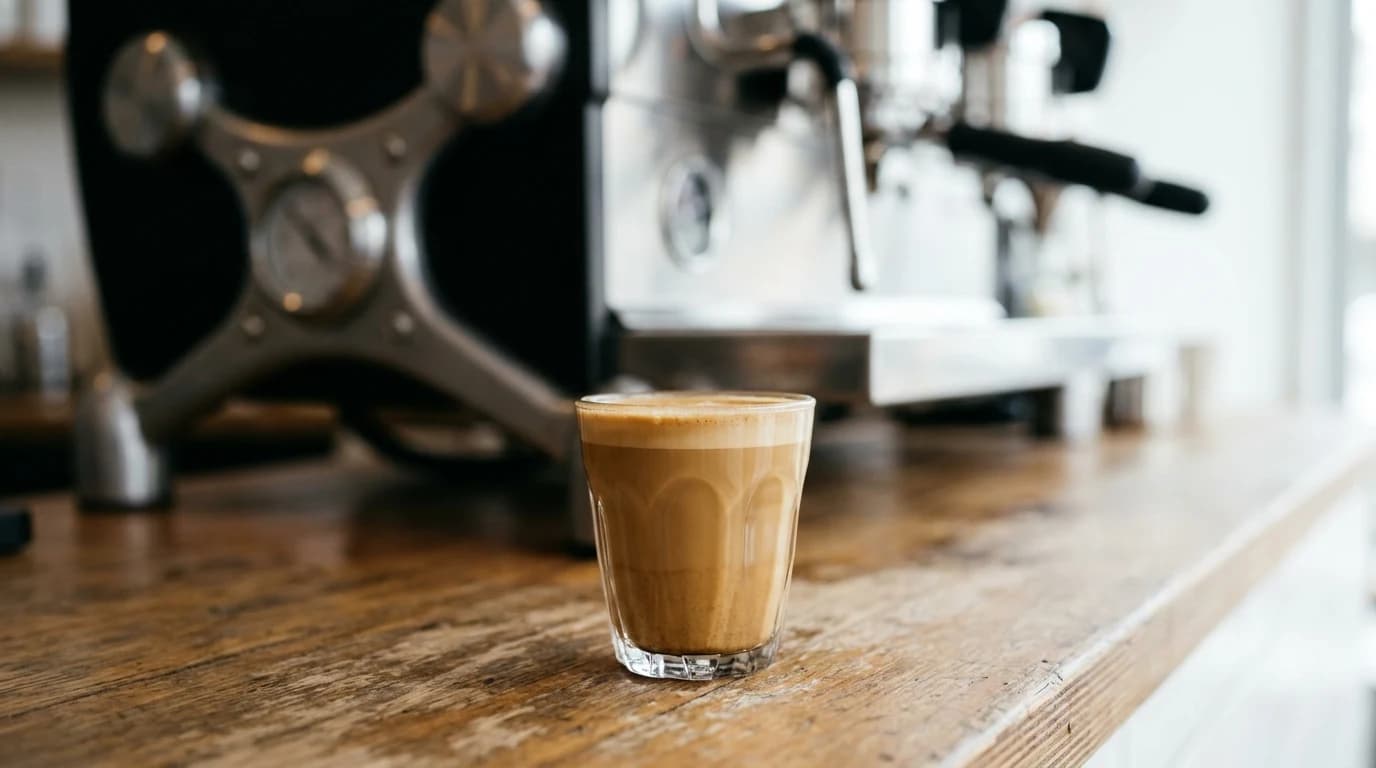 A cortado in a small ribbed glass tumbler on a café counter, espresso and steamed milk under a thin layer of foam.