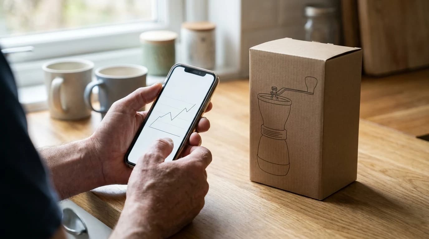 A person holding a phone showing a simple price chart beside a boxed coffee grinder on a kitchen counter.