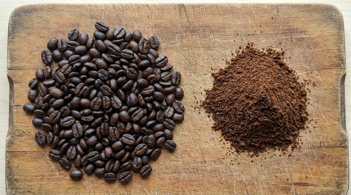 Whole coffee beans beside a small pile of freshly ground coffee on a wooden board.