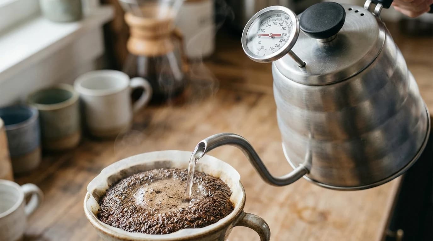 A pour-over brewing with a thermometer showing water temperature just under 200F.